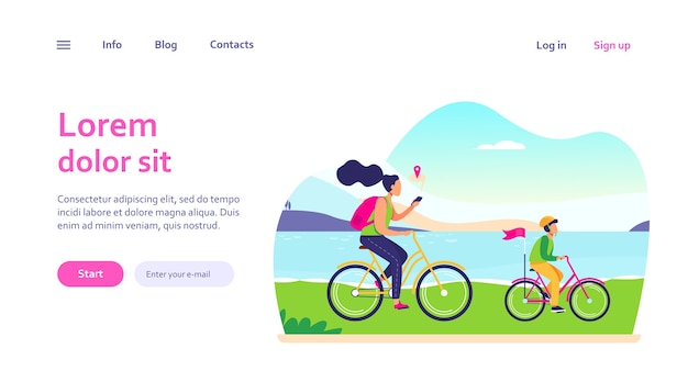Mom and son riding bikes along seacoast. Woman checking route on mobile app. Family outdoor activity, navigation concept for website design or landing web page