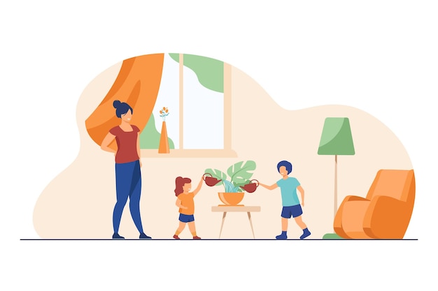 Mom teaching kids to take care about home plants. Children watering houseplants at home flat illustration