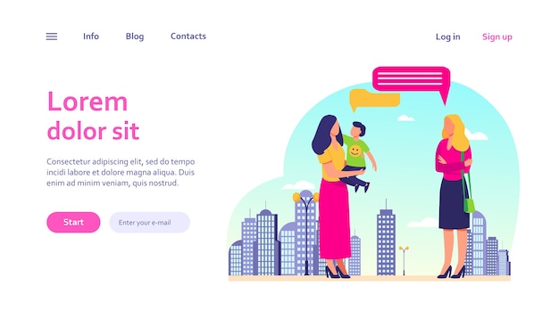 Mom with son meeting with female friend outdoors. Talking, speech bubble, walk in city. Motherhood, communication concept for website design or landing web page