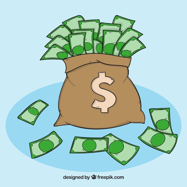 Free Vector money bag background with hand drawn bills