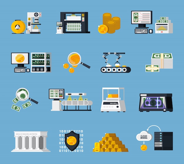 Money Manufacturing Icons Set