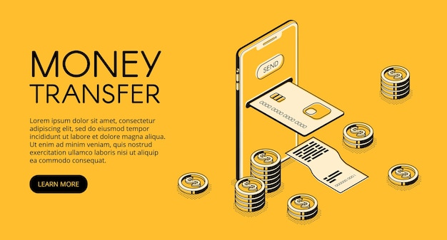 Money transfer mobile phone technology illustration of online bank payment in smartphone