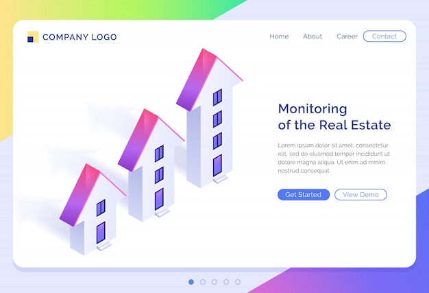 Monitoring of real estate banner. Concept of rising price of buildings and apartments, property investment. landing page of real estate management with isometric houses illustration