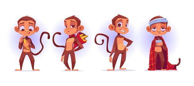 Free Vector monkey cartoon characters, cute apes mascot peel and presenting banana