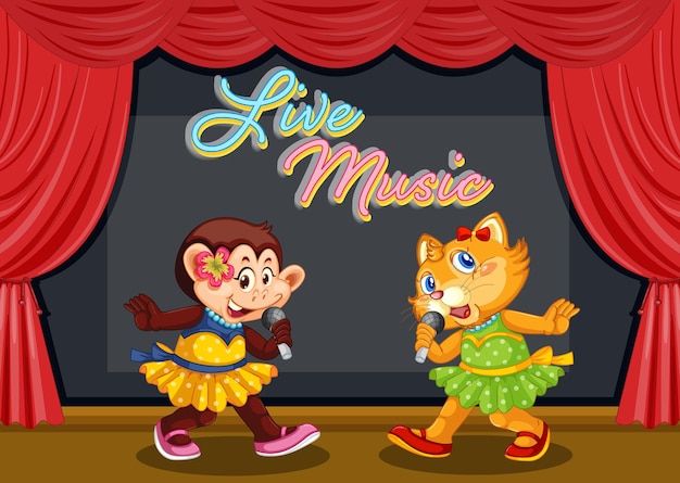 Free Vector monkey and cat performing singing on stage