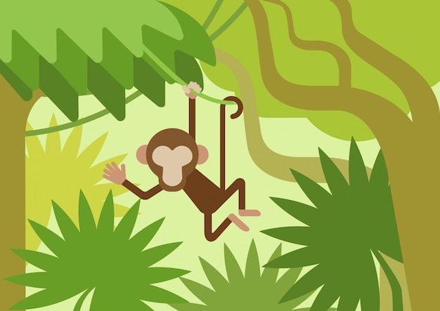 Monkey on the climber tree branch, jungle flat cartoon