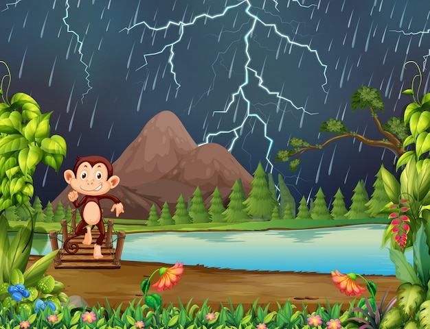 Monkey in jungle with lightning