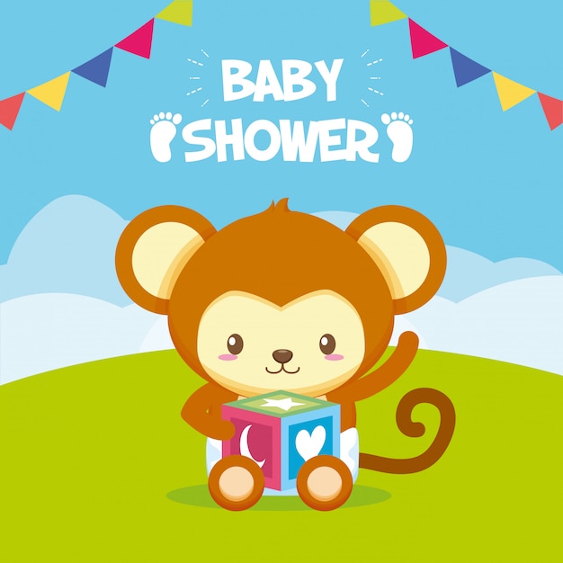 Monkey with cube toy for baby shower card