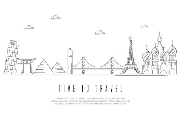 Monochromatic landmarks skyline outline design