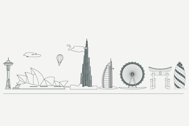 Monochromatic outline landmarks skyline design