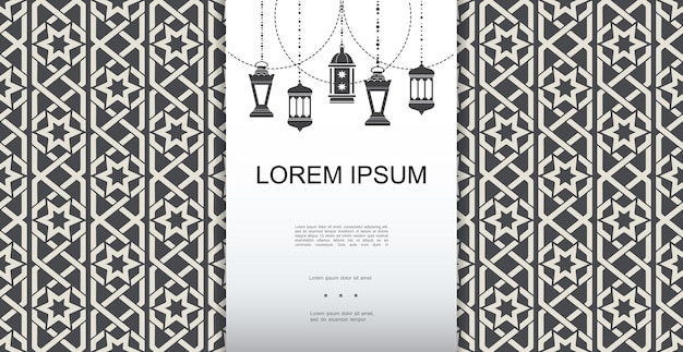 Monochrome arabic elegant template with Ramadan hanging lanterns on islamic ornamental background illustration