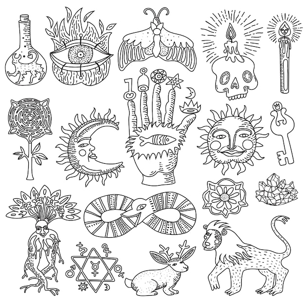 Monochrome doodle set of trendy magic tattoo designs isolated