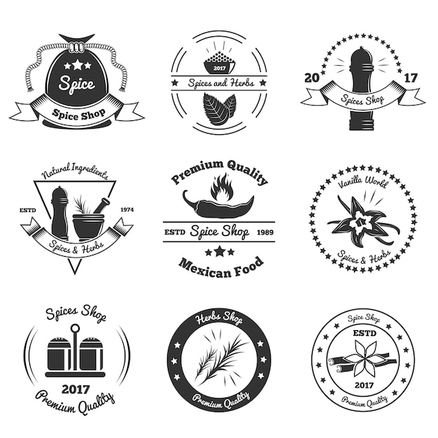 Monochrome emblems of shops with spices and herbs, culinary utensils, design elements isolated 