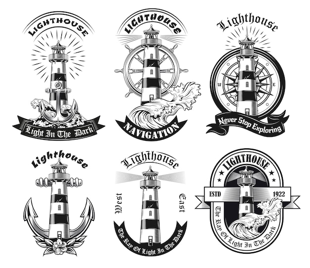 Monochrome emblems with lighthouse set