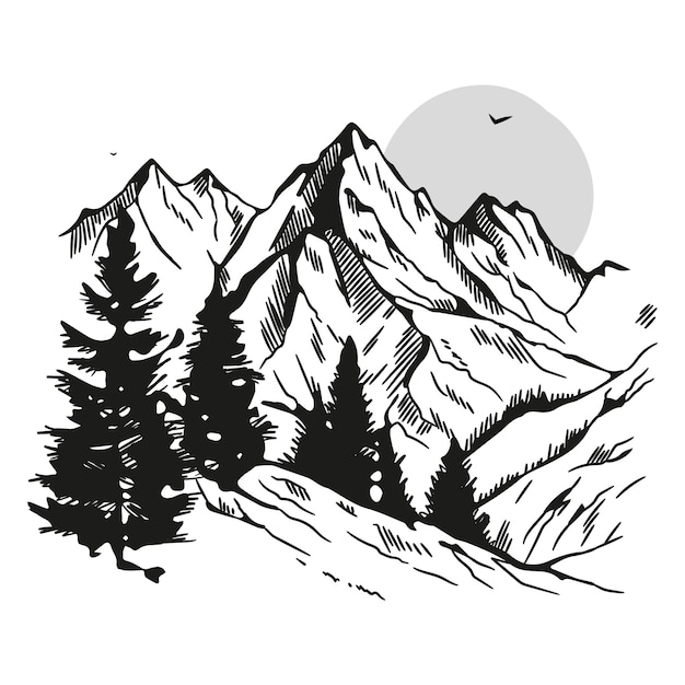 Free Vector monochrome hand drawn mountain outline illustration