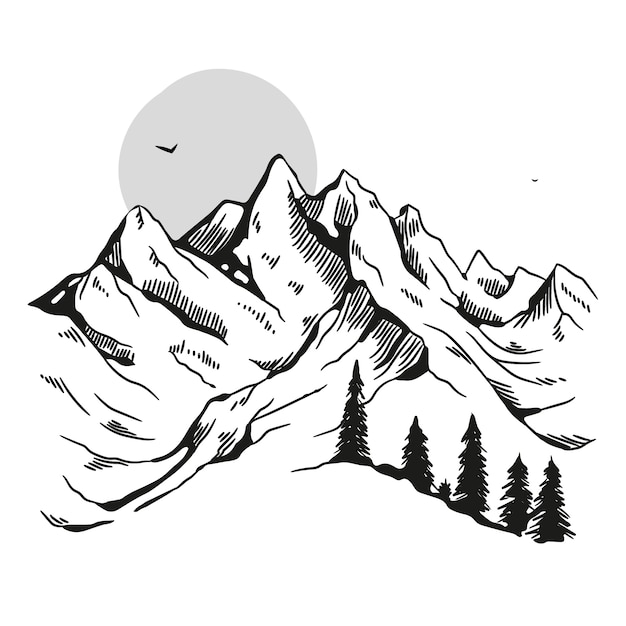 Monochrome hand drawn mountain outline illustration