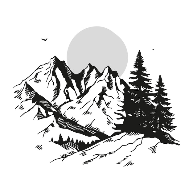 Monochrome hand drawn mountain outline illustration