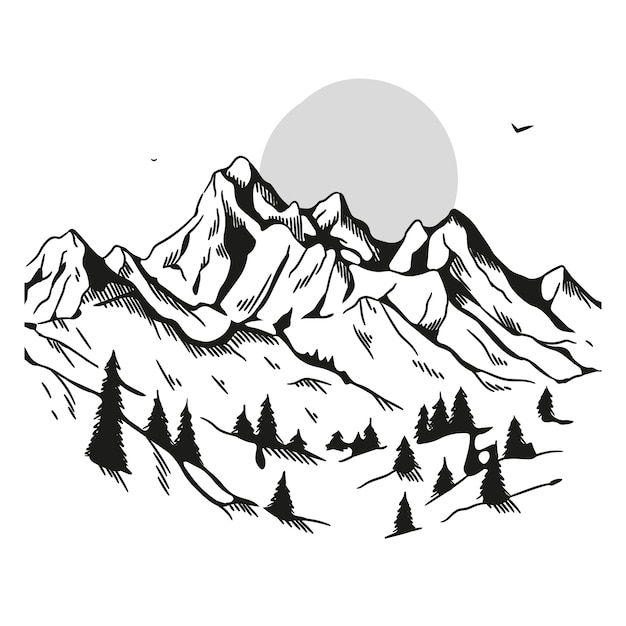 Monochrome hand drawn mountain outline illustration