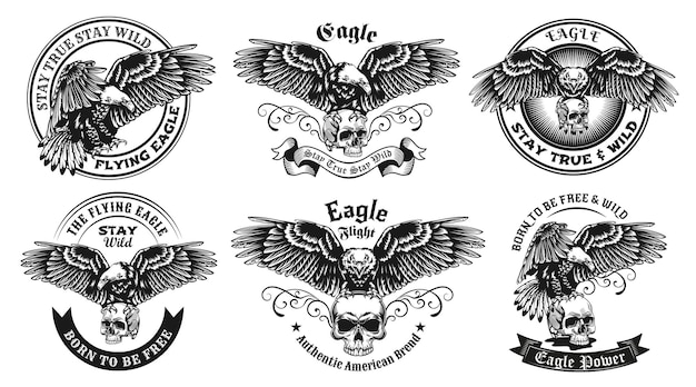 Monochrome labels with eagle and skull illustration set