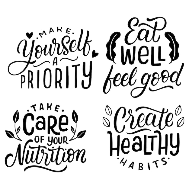 Monochrome lettering healthy lifestyle stickers collection