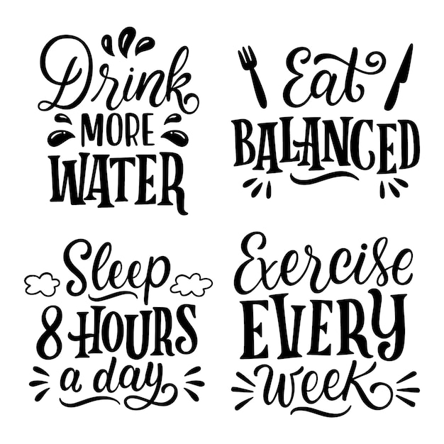 Free Vector monochrome lettering healthy lifestyle stickers collection