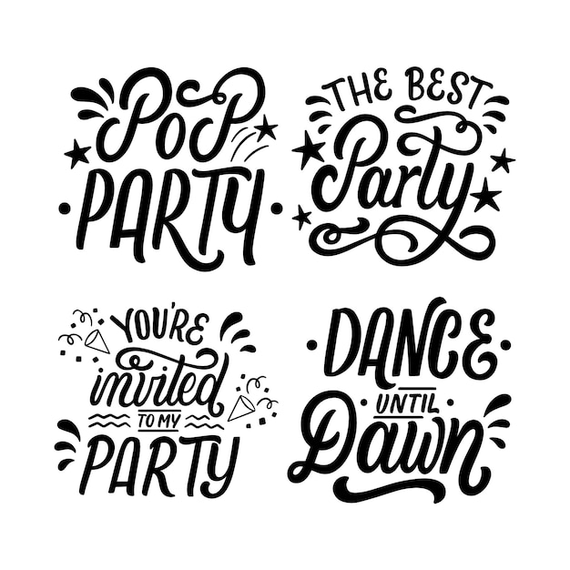 Free vector monochrome lettering party stickers collection