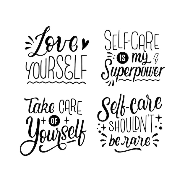 Free Vector monochrome lettering self-care stickers collection