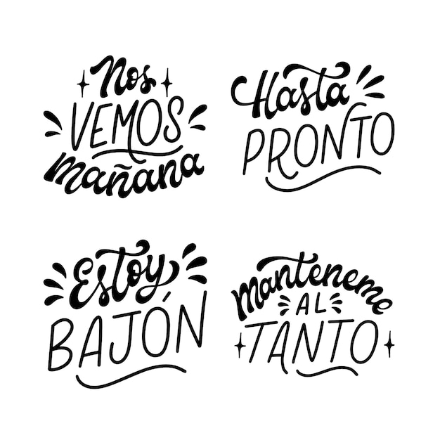 Free vector monochrome lettering spanish words and phrases stickers collection