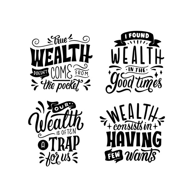 Monochrome lettering wealth stickers collection