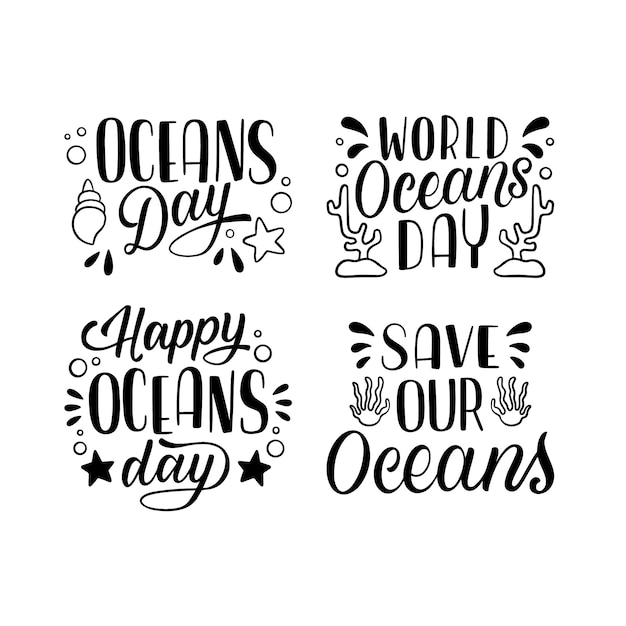 Free Vector monochrome lettering world oceans day stickers collection