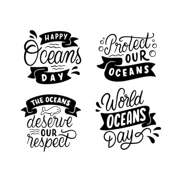 Free vector monochrome lettering world oceans day stickers collection