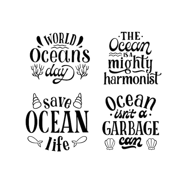 Free vector monochrome lettering world oceans day stickers collection