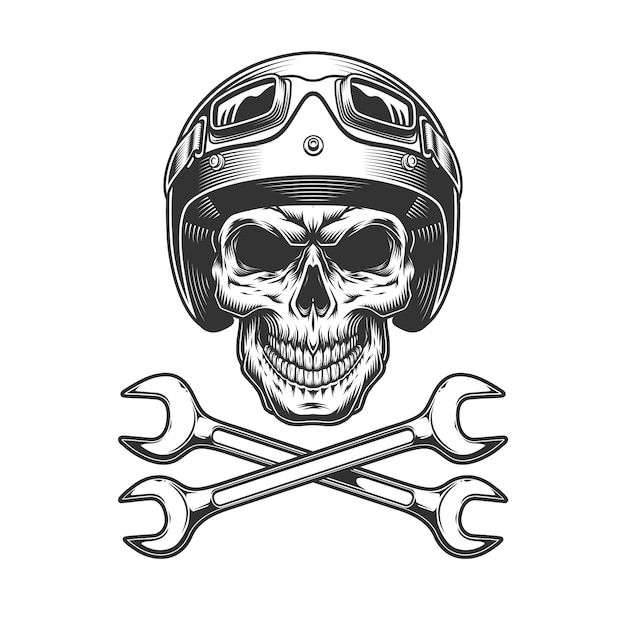 Monochrome motorcyclist skull in moto helmet