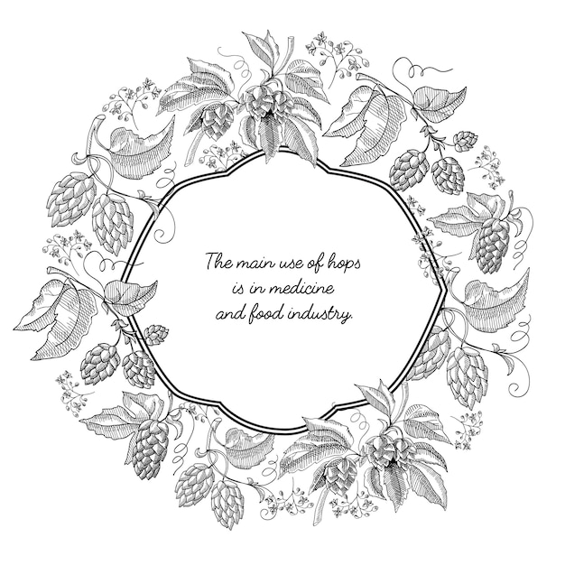 Monochrome ornately shaped frame card with hop elements and floral decorative squiggles on white