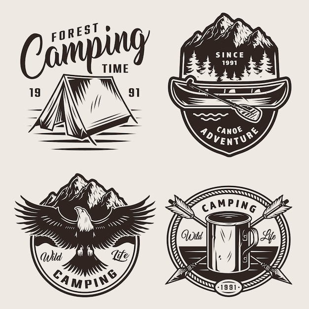 Monochrome summer camping labels