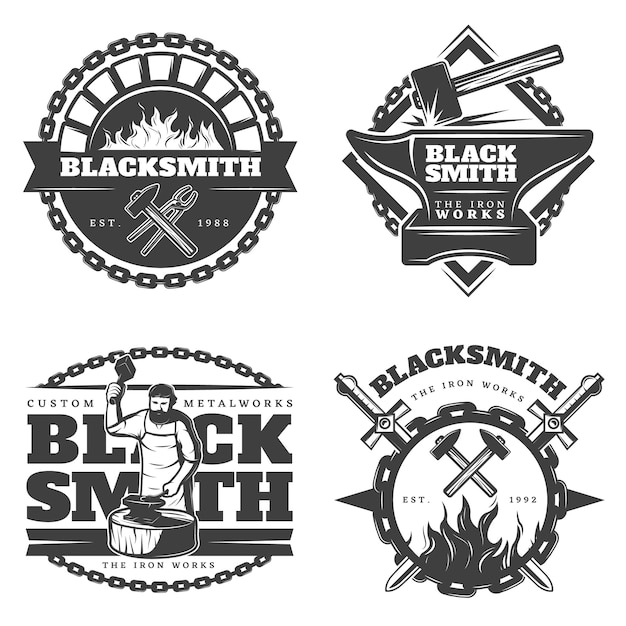 Free Vector monochrome vintage blacksmith emblems set