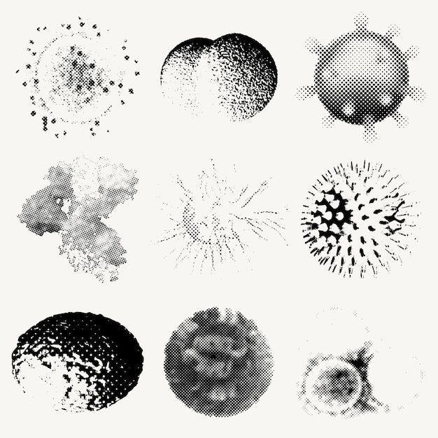 Monotone coronavirus cell under microscope design elemens set