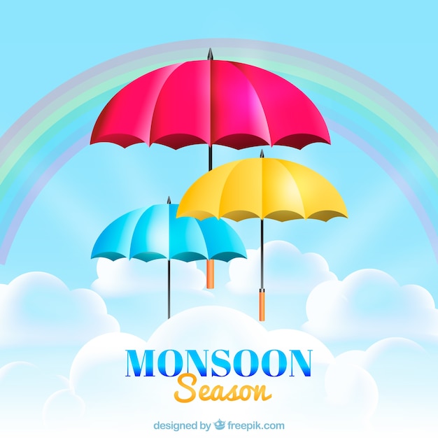 Monsoon season background with colorful umbrellas