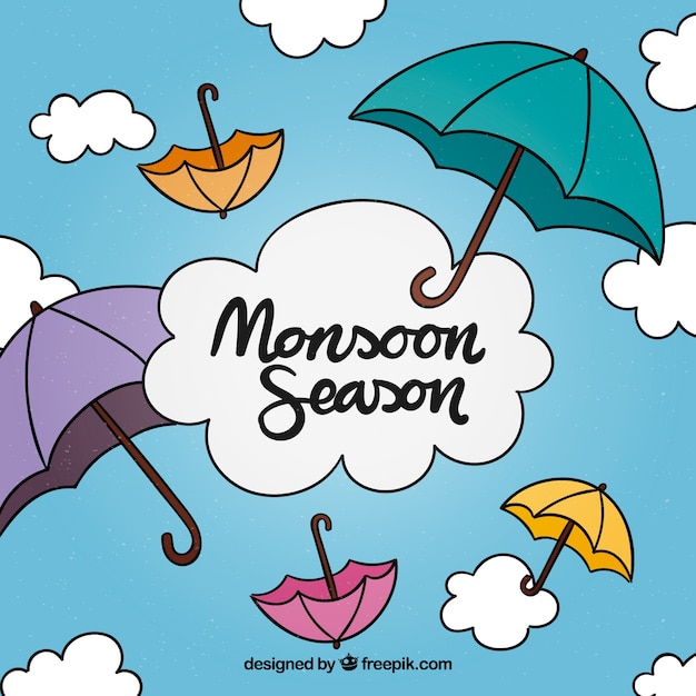 Monsoon season background with umbrellas