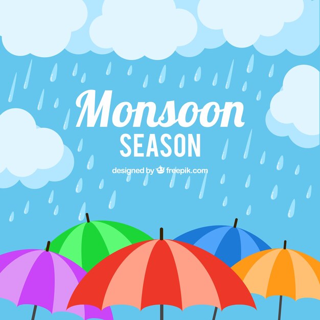 Monsoon season background with umbrellas