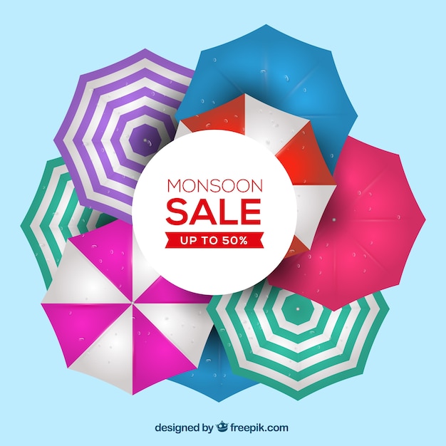 Free Vector monsoon season sale background with colorful umbrellas