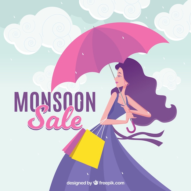 Monsoon season sale background with girl and umbrella