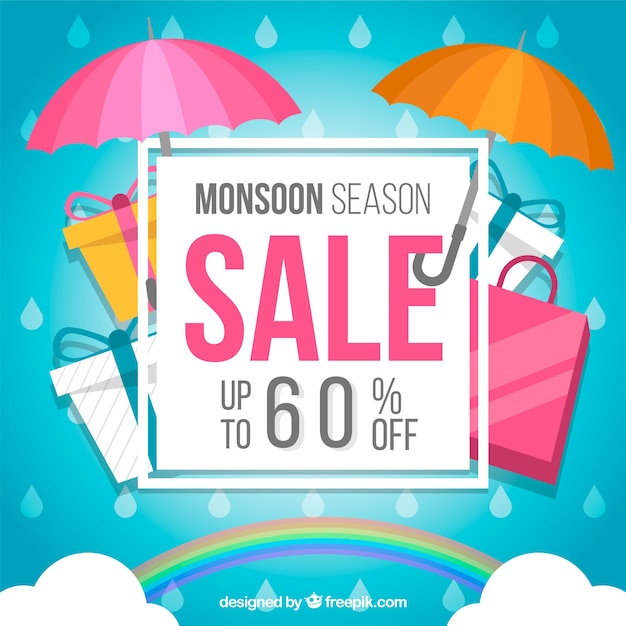 Monsoon season sale background with umbrellas