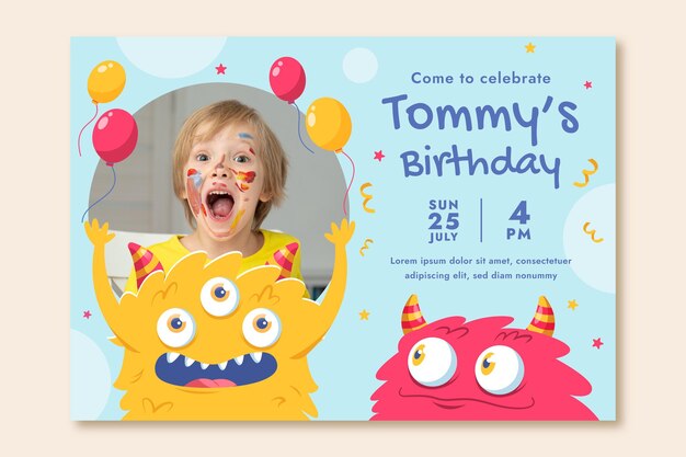 Monster birthday invitation template with photo