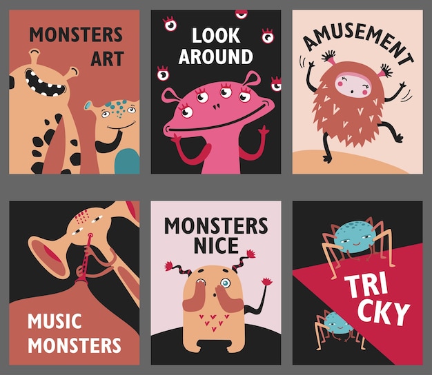 Monsters posters set. Cute creatures or beasts vector illustrations with amusement or music text. Show for kids concept for flyers, leaflets, greeting cards