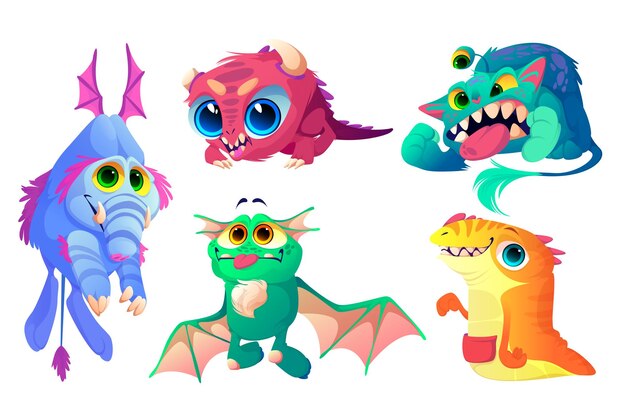 Monsters set, cute cartoon characters funny aliens