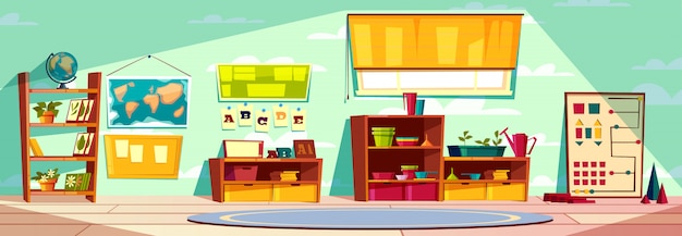 Free Vector montessori kindergarten playroom, elementary school class, kid room interior cartoon