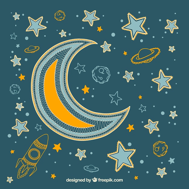 Moon background with stars and hand drawn planets