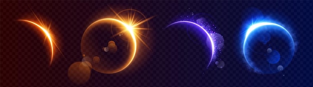 Free vector moon eclipse light flare horizon space background abstract sunrise ring sparkle on earth planet design set gold blue and purple crescent orbit edge glow with magic realistic cloud smoke shine