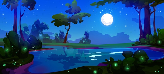 Free Vector moon in night sky above forest lake cartoon background star reflection in pond water with beautiful skyline panorama view magic moonlight with firefly peaceful nature game picture at nighttime